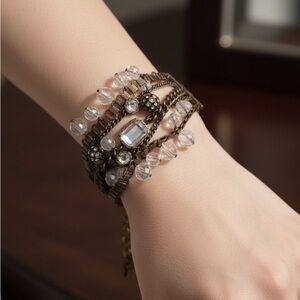 Multi-Strand Crystal and Bronze Vintage Designer Style Bracelet